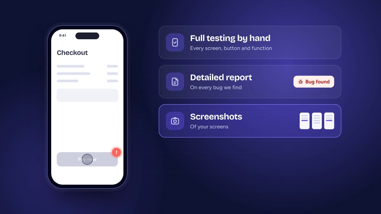 RealAppTest video: a tester checks an iOS app on a real iPhone and builds a report with screenshots and a screen video